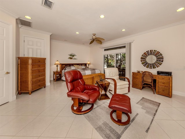 sitting room featuring ornamental molding, light tile patterned flooring, visible vents, and recessed lighting