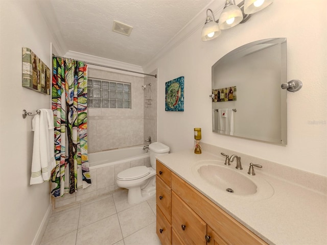 full bathroom featuring tiled shower / bath, visible vents, ornamental molding, a textured ceiling, and tile patterned floors