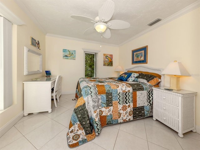 bedroom featuring a textured ceiling, visible vents, crown molding, and light tile patterned flooring