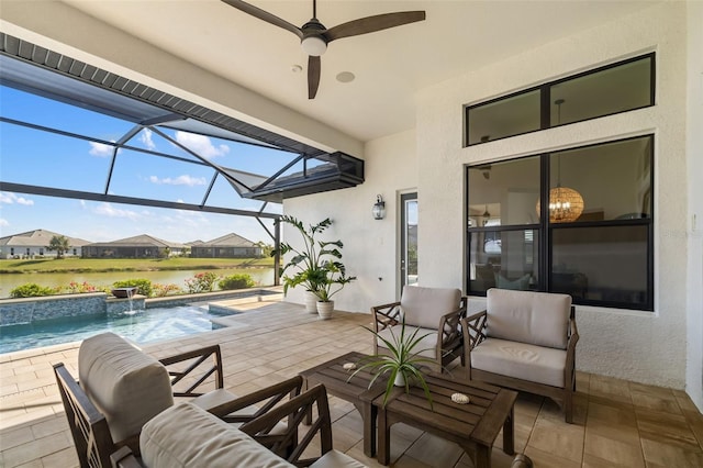 view of patio / terrace featuring an outdoor pool, a ceiling fan, a lanai, a water view, and outdoor lounge area