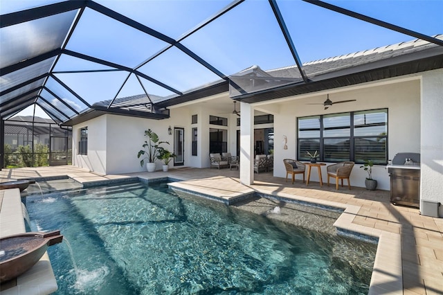 outdoor pool featuring a ceiling fan, area for grilling, a lanai, a patio area, and outdoor lounge area