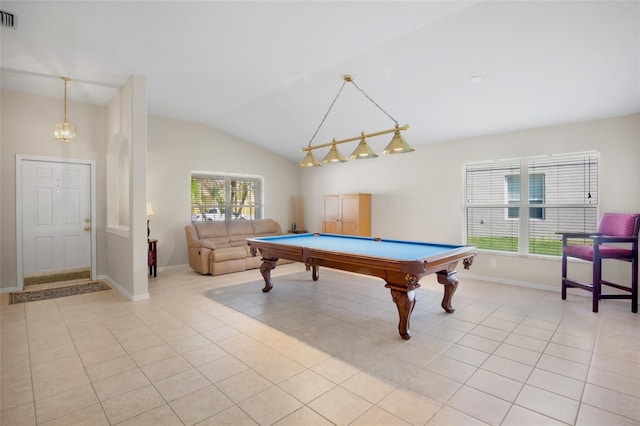 recreation room featuring billiards, lofted ceiling, and light tile patterned floors