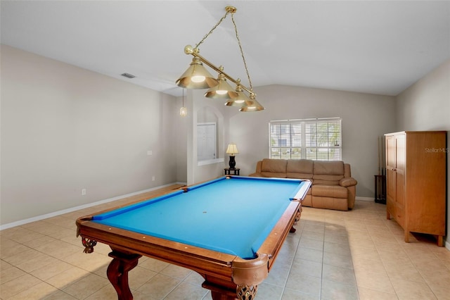 recreation room with pool table, lofted ceiling, and light tile patterned floors