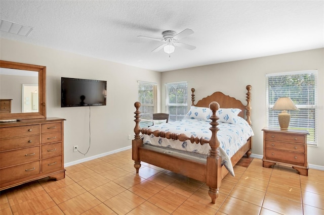 bedroom featuring ceiling fan and a textured ceiling