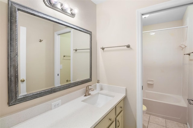 full bathroom with tile patterned flooring, vanity,  shower combination, and toilet