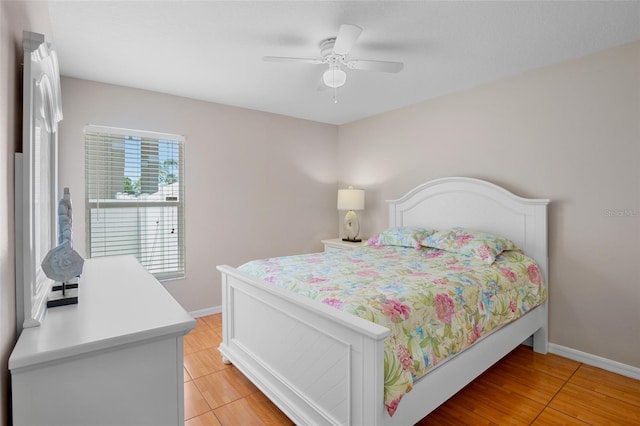 bedroom featuring ceiling fan and light hardwood / wood-style flooring