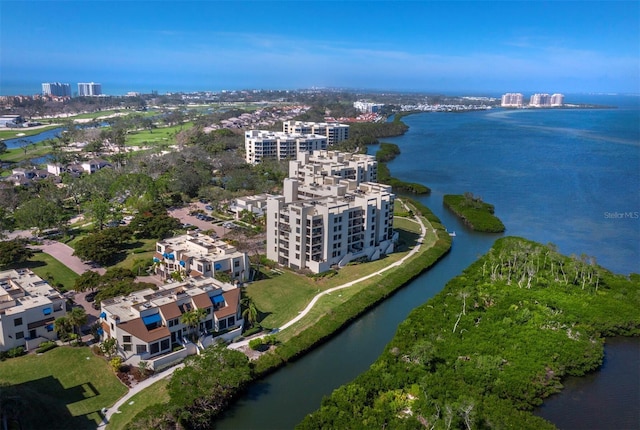 drone / aerial view with a water view