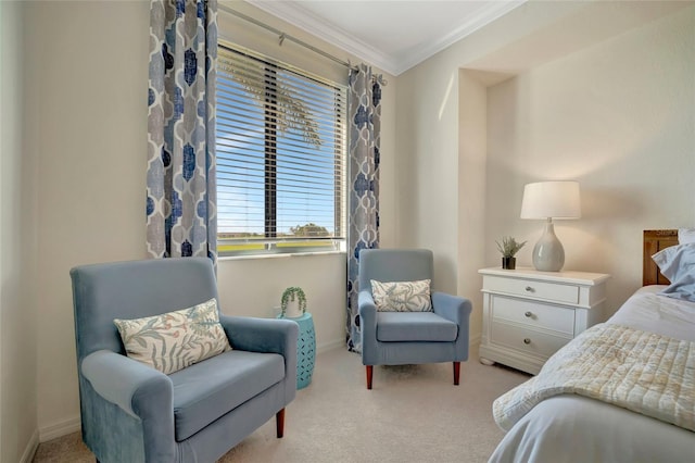 bedroom with crown molding and light carpet