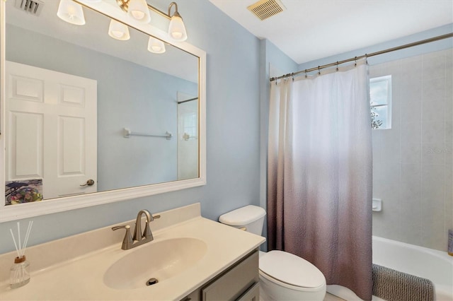 full bathroom featuring shower / bathtub combination with curtain, vanity, and toilet