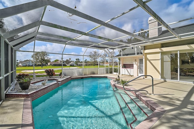 view of swimming pool featuring a water view, a patio, a lanai, and an in ground hot tub