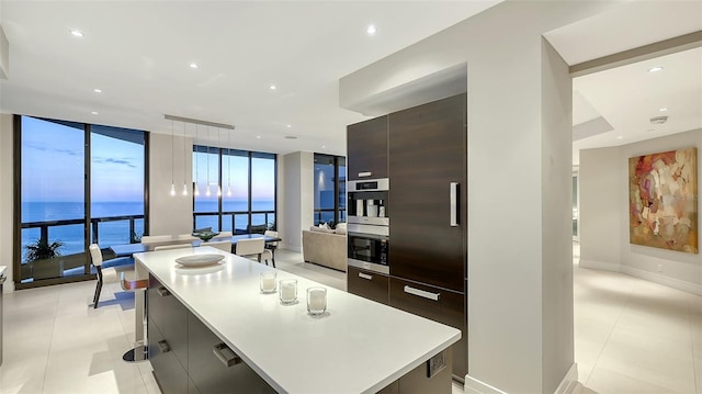 kitchen with a water view, a wall of windows, dark brown cabinetry, and a large island