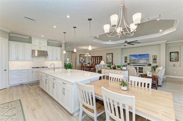 kitchen featuring a sink, crown molding, white cabinets, and under cabinet range hood