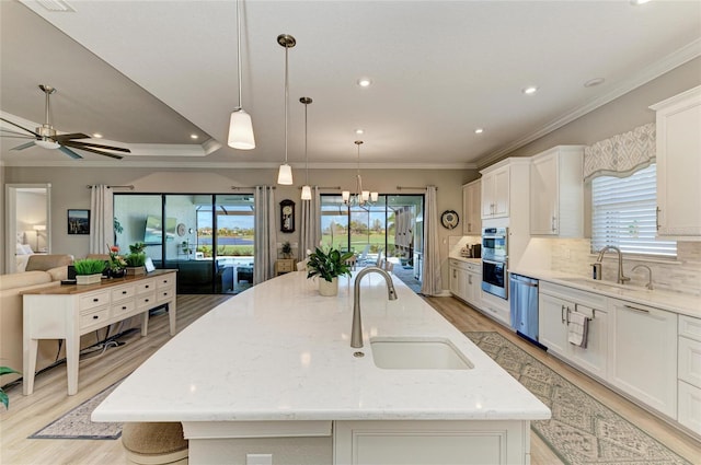 kitchen featuring a sink, appliances with stainless steel finishes, a wealth of natural light, and light wood-type flooring