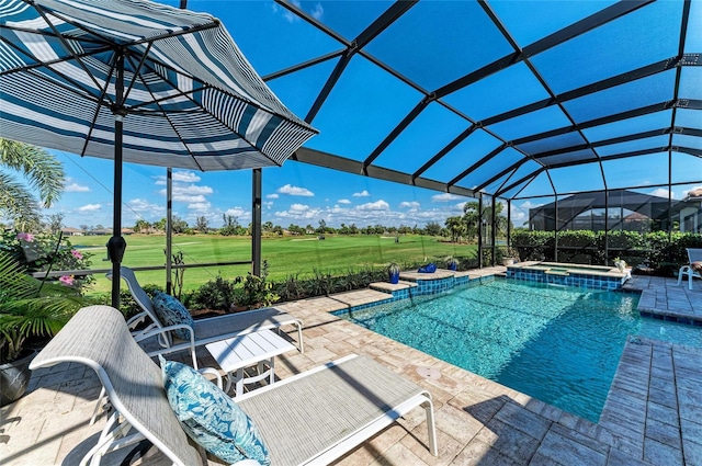 view of swimming pool featuring a lanai, golf course view, a pool with connected hot tub, and a patio area
