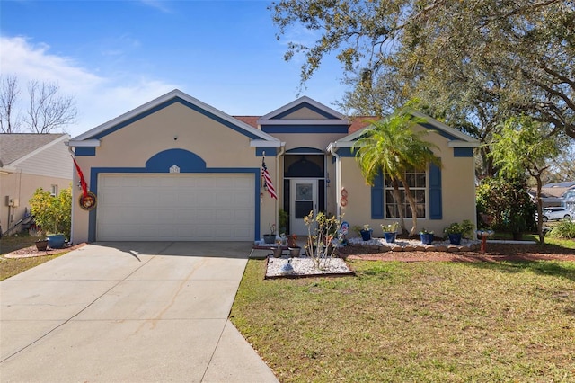 single story home with a garage and a front lawn