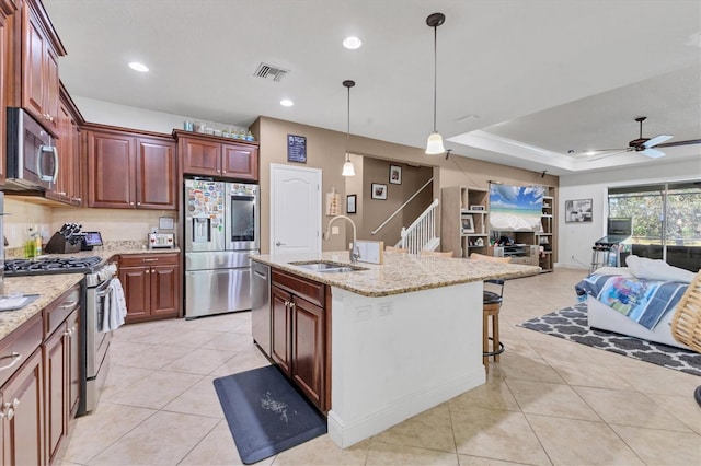 kitchen with sink, a breakfast bar area, a raised ceiling, an island with sink, and stainless steel appliances