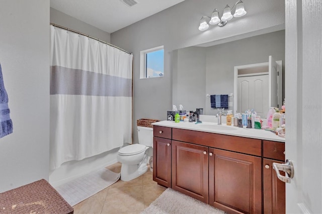 full bathroom with vanity, shower / tub combo, tile patterned floors, and toilet