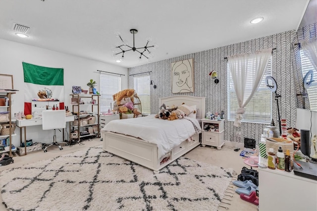 bedroom featuring light carpet