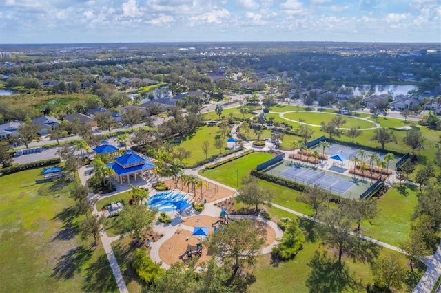 drone / aerial view with a water view