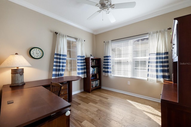 office area with ornamental molding, ceiling fan, and light hardwood / wood-style floors