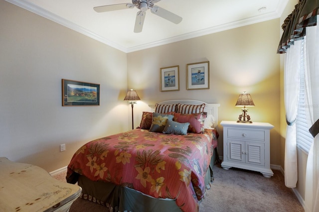 carpeted bedroom featuring crown molding and ceiling fan