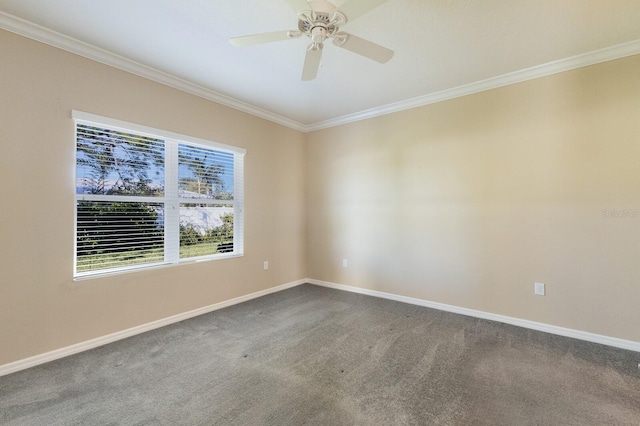 carpeted empty room with ceiling fan and ornamental molding