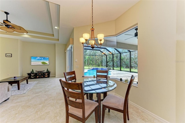 dining room with tile patterned flooring and ceiling fan