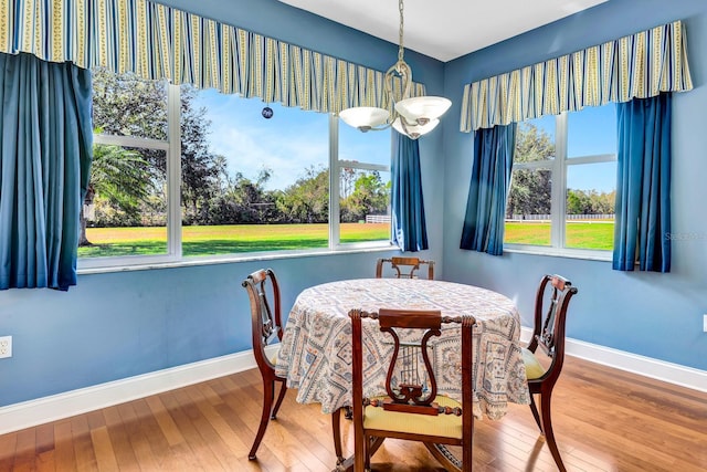 dining space with an inviting chandelier, wood-type flooring, and a healthy amount of sunlight