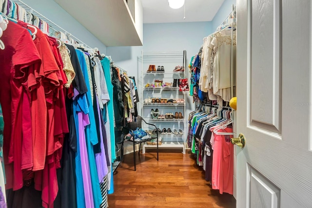 walk in closet with wood-type flooring