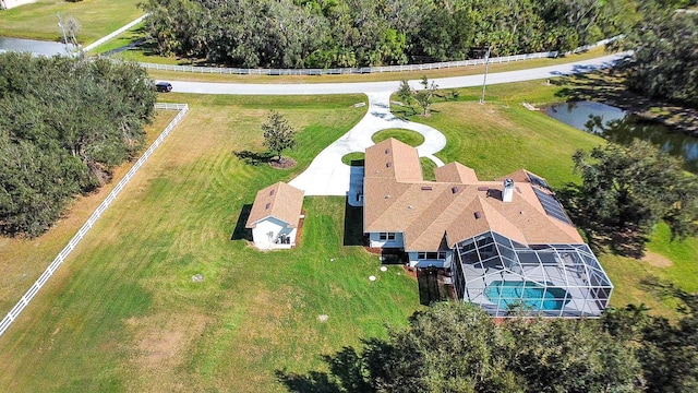 drone / aerial view with a water view