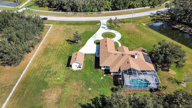 drone / aerial view featuring a water view