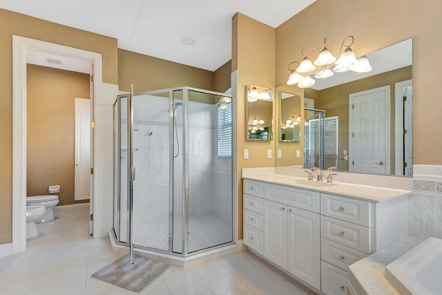5750 Saddle Oak Trl, Sarasota, FL 34241 - bathroom with a stall shower, a chandelier, vanity, and tile patterned floors