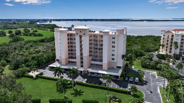 aerial view featuring a water view