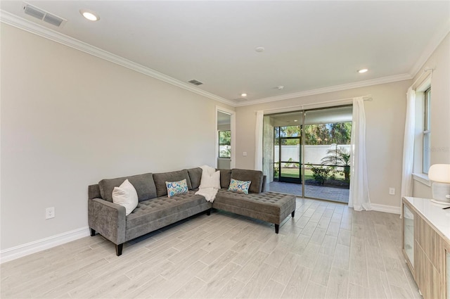 living room featuring crown molding and light hardwood / wood-style flooring