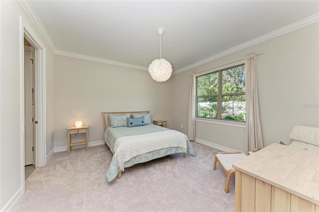 carpeted bedroom featuring crown molding