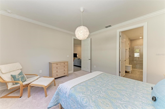 carpeted bedroom with crown molding, connected bathroom, and an inviting chandelier