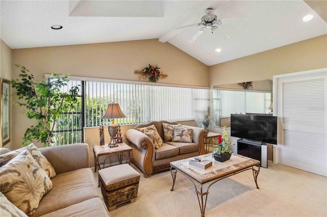 534 Warwick Ln, Venice, FL 34293 - living area with light carpet, vaulted ceiling with beams, ceiling fan, and recessed lighting