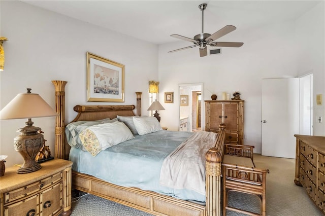 534 Warwick Ln, Venice, FL 34293 - bedroom with light carpet, ceiling fan, connected bathroom, and visible vents