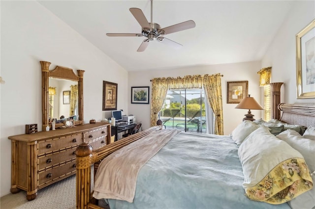 534 Warwick Ln, Venice, FL 34293 - bedroom with access to outside, vaulted ceiling, a ceiling fan, and light colored carpet
