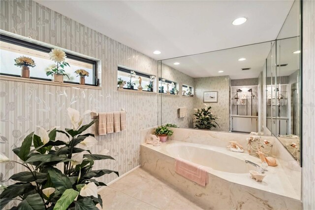 534 Warwick Ln, Venice, FL 34293 - full bath with recessed lighting, tile patterned flooring, a bath, and wallpapered walls