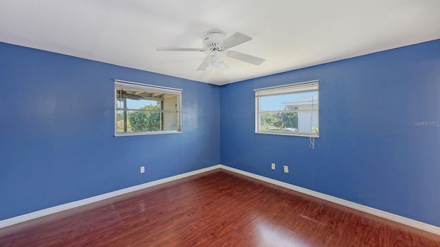 empty room with wood-type flooring, a wealth of natural light, and ceiling fan