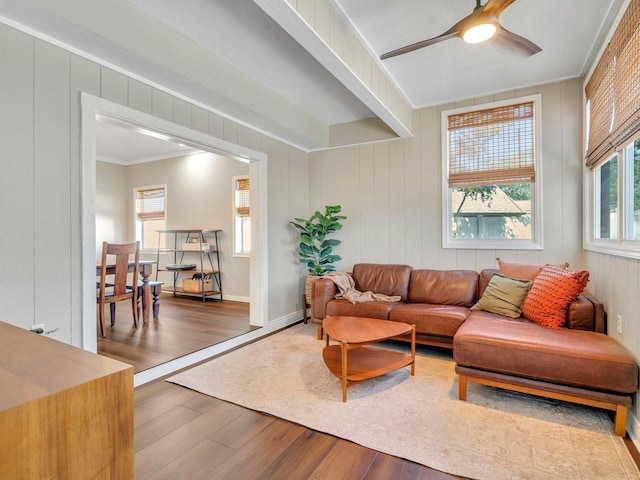 living room with crown molding, ceiling fan, and wood finished floors