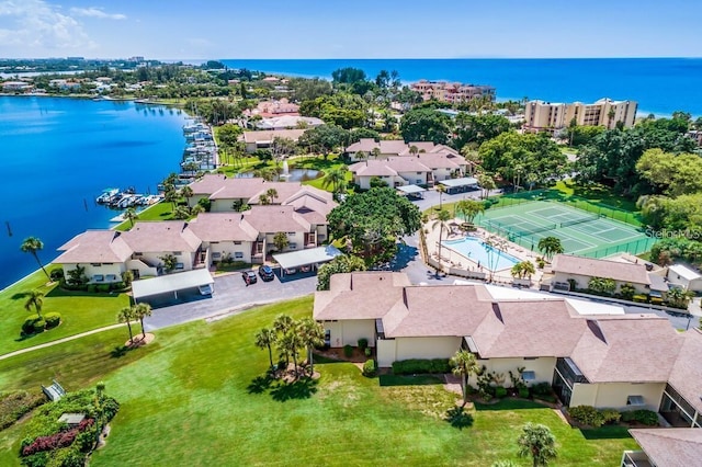 aerial view featuring a water view