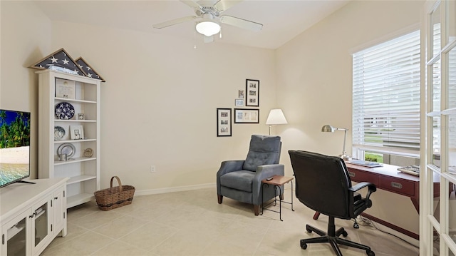 3839 Autumn Fern Ter, Sarasota, FL 34243 - office space featuring ceiling fan, baseboards, and light tile patterned floors