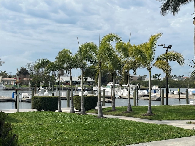 dock area featuring a yard and a water view