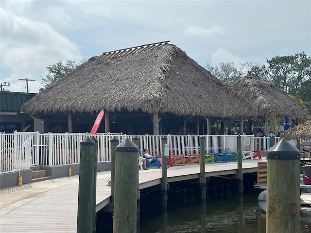 dock area featuring a water view and a gazebo