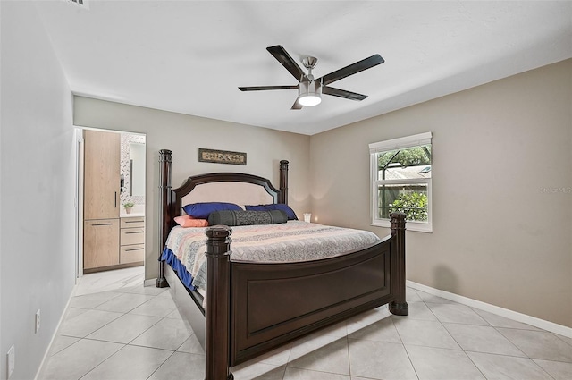 bedroom featuring ceiling fan and light tile patterned floors