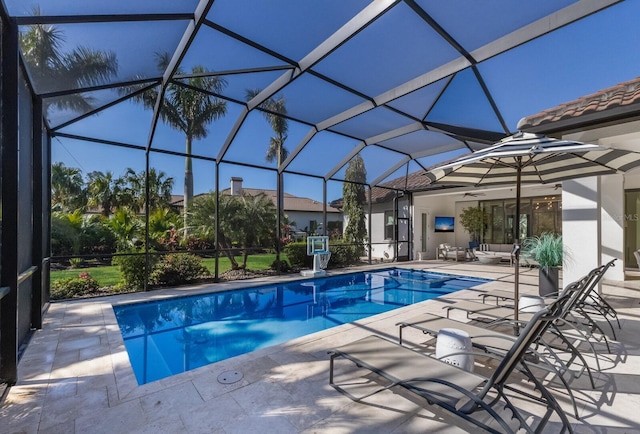 19424 Ganton Ave, Lakewood Ranch, FL 34202 - outdoor pool featuring glass enclosure and a patio area