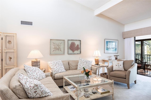 living room featuring beamed ceiling, carpet flooring, and high vaulted ceiling