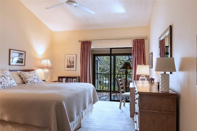 carpeted bedroom with ceiling fan, access to exterior, and a textured ceiling